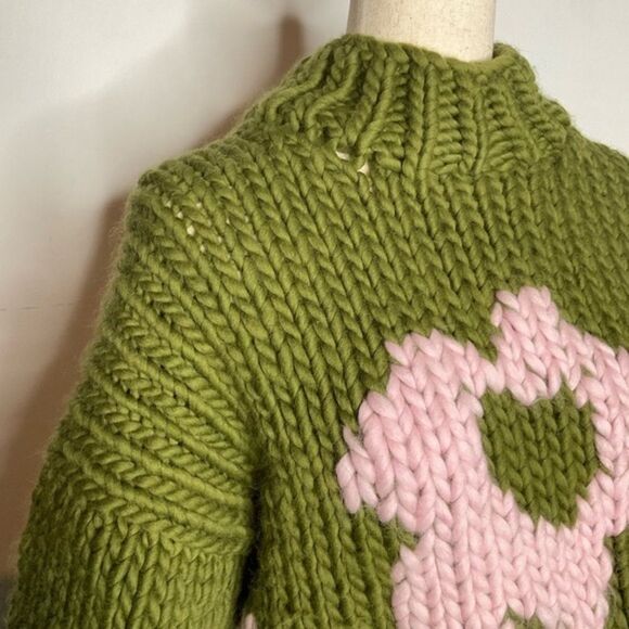 The Knitter. Green Pink Floral Chunky Knit Balloon Sleeve Mockneck Sweater - Picture 1 of 6
